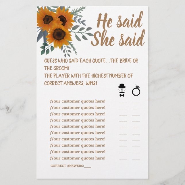  SUNFLOWER HE SAID SHE SAID SHOWER GAME CARD (Front)