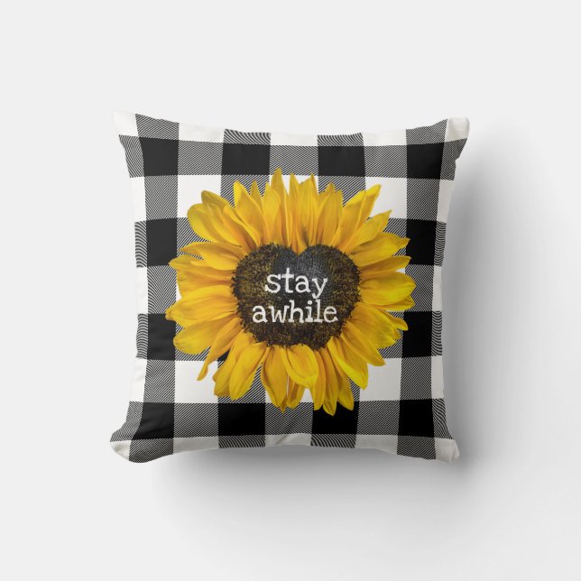 Sunflower Heart on Buffalo Plaid Throw Pillow (Front)