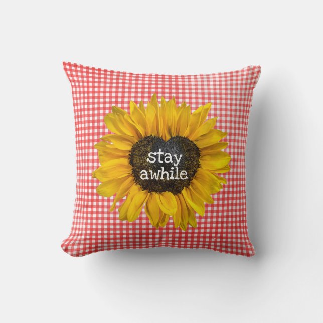 Sunflower Heart on Gingham Throw Pillow (Front)