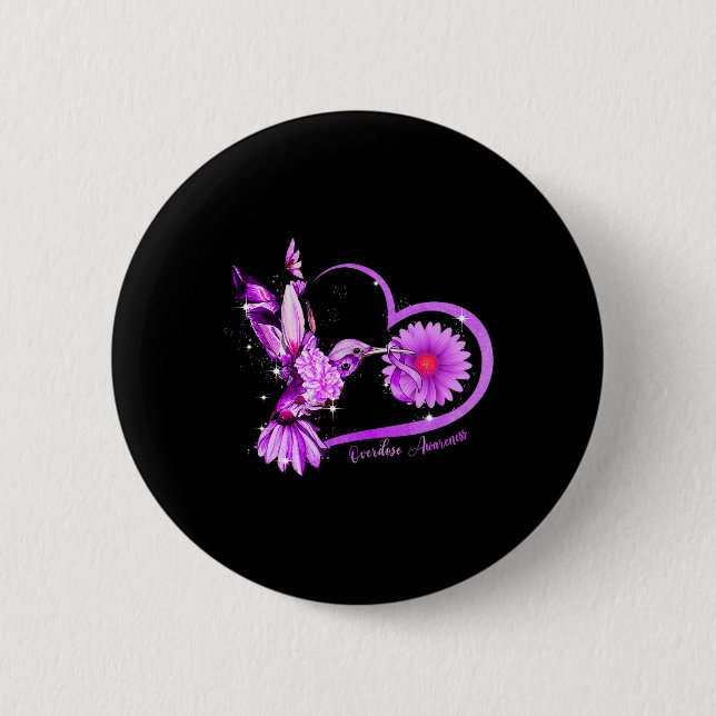 Sunflower Heart Purple Ribbon Overdose Awareness  2 Inch Round Button (Front)