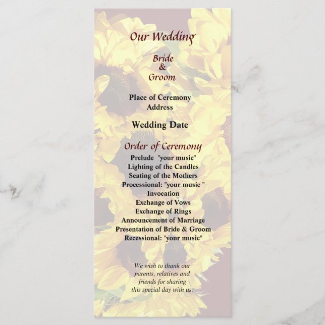 Sunflower Heart Wedding Program (Front)