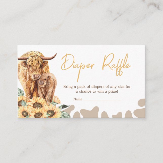 Sunflower Highland Cow Baby Shower Diaper Raffle Enclosure Card (Front)