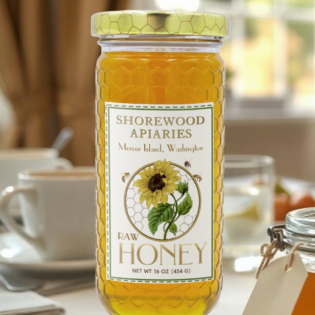 Sunflower Honey 2x3" Realistic Bees Dashed Border Food Label (Creator Uploaded)