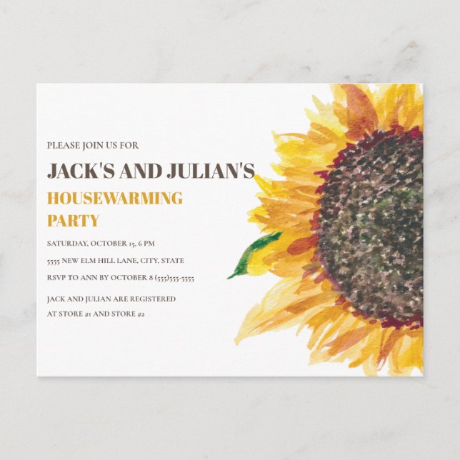 Sunflower Housewarming Party Yellow Brown White Postcard (Front)