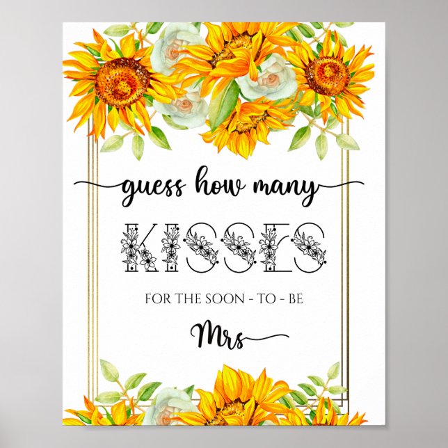 Sunflower how many kisses bridal shower game poster (Front)