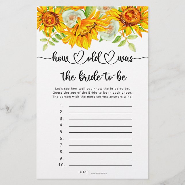 Sunflower how old was the bride-to-be game (Front)