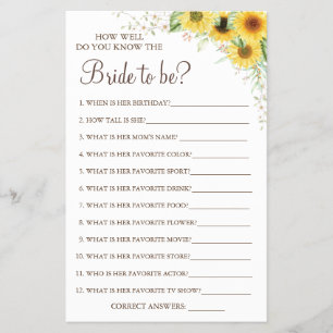 Sunflower How well do you know bride game card