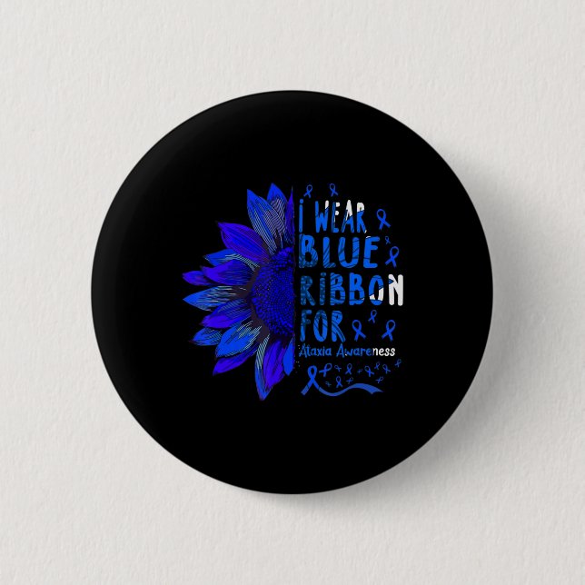 Sunflower I Wear Blue Ribbon for Ataxia Awareness  2 Inch Round Button (Front)