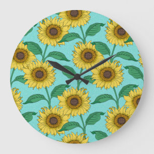 Sunflower Illustration Fashion Repeat Pattern Large Clock