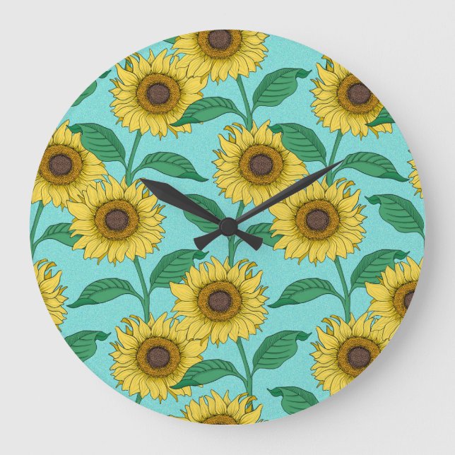 Sunflower Illustration Fashion Repeat Pattern Large Clock (Front)