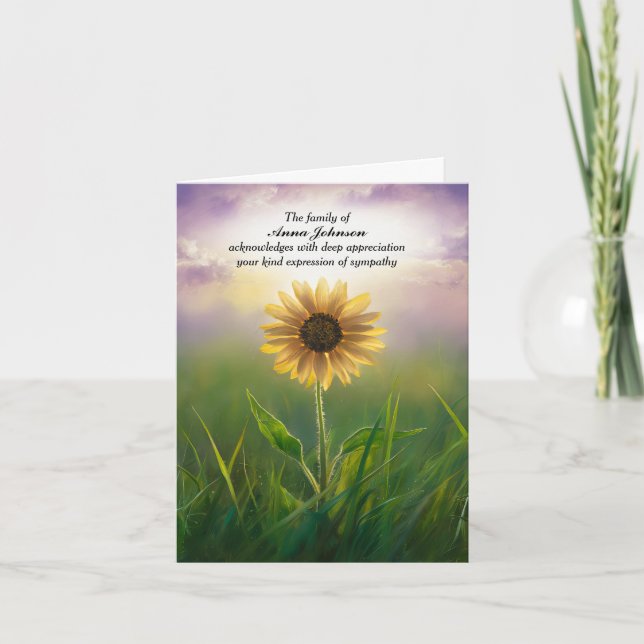 Sunflower In a Field Sympathy Thank You Card (Front)