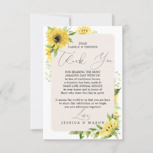 Sunflower In Lieu of Favours Thank You Place Card