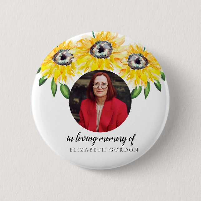 Sunflower In Loving Memory Funeral Photo Floral 2 Inch Round Button (Front)