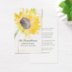 Sunflower in Vase Watercolor Funeral Prayer Card