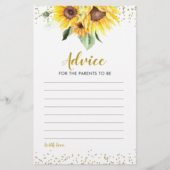 Sunflower is on the way Baby Shower Advice Card (Front)