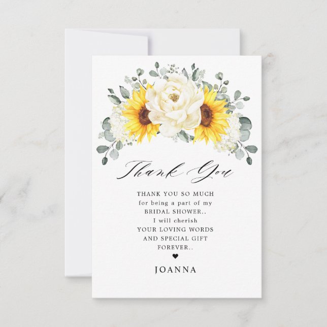 Sunflower Ivory Peony  Eucalyptus Bridal Shower    Thank You Card (Front)
