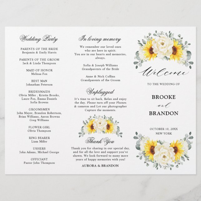 Sunflower Ivory Peony Eucalyptus Programme de mari (Devant)