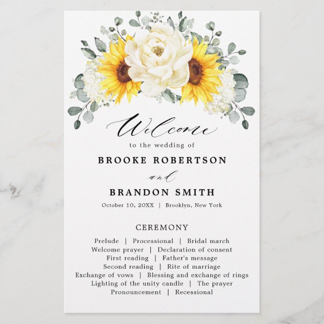 Sunflower Ivory Peony Eucalyptus Wedding Program  (Front)