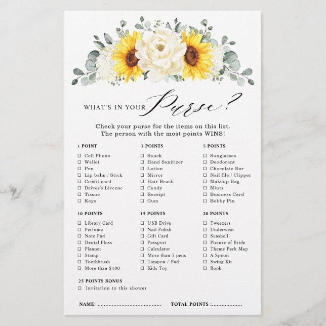 Sunflower Ivory Peony Floral  Bridal Shower Game (Front)