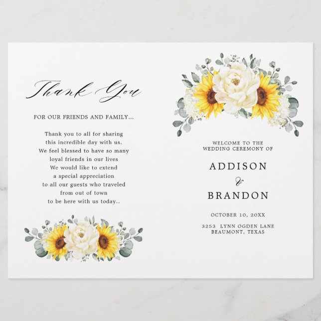 Sunflower Ivory Peony Floral Eucalyptus Programme (Devant)