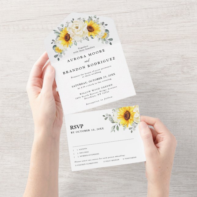 Sunflower Ivory Peony Floral Eucalyptus Wedding    All In One Invitation (Tearaway)