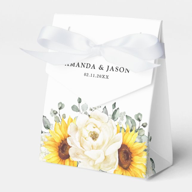 Sunflower Ivory Peony Floral Eucalyptus Wedding    Favor Box (Front Side)