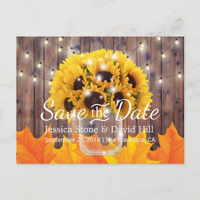 Sunflower Jar Rustic Fall Wedding Save the Date Announcement Postcard (Front)
