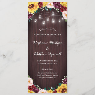 Sunflower Jars Lights Wood Burgundy Blush Wedding Program