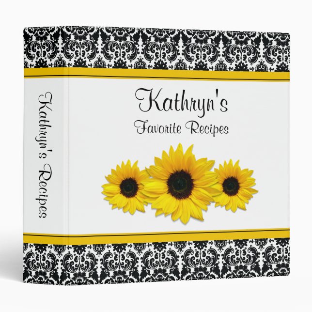 Sunflower Jaune Noir Blanc Damas Recette Classeur (Devant/Côté)