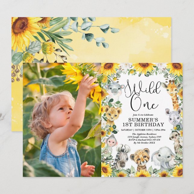 Sunflower Jungle Animals Wild One Birthday Photo Invitation (Front/Back)