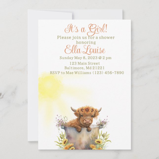 Sunflower l Highland vache baby shower invitation (Devant)