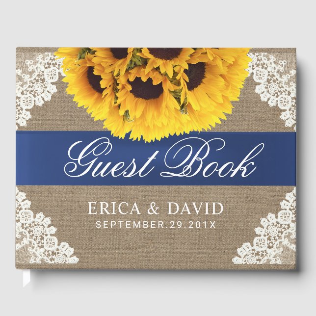 Sunflower Lace & Burlap Blue Ribbon Rustic Wedding Guest Book (Front)