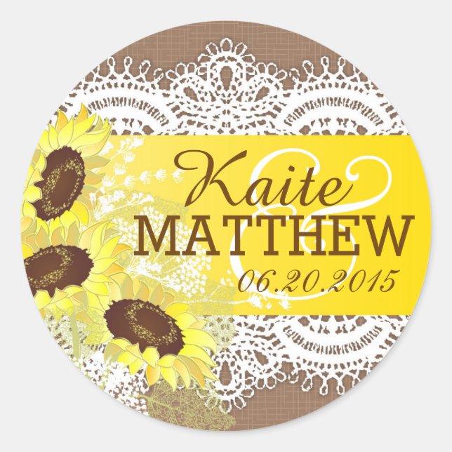 Sunflower Lace Burlap Wedding Label (Front)