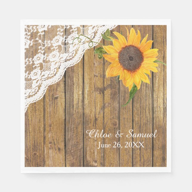 Sunflower Lace Wood Floral Wedding Napkin (Front)