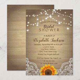 Sunflower, Lace, Wood Rustic Bridal Shower Invitation