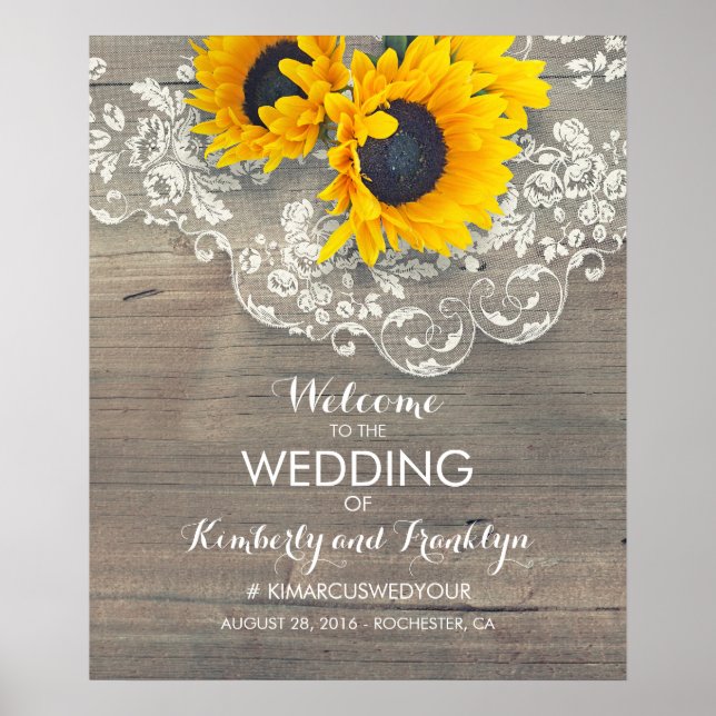 Sunflower Lace Wood Rustic Wedding Welcome Sign (Front)