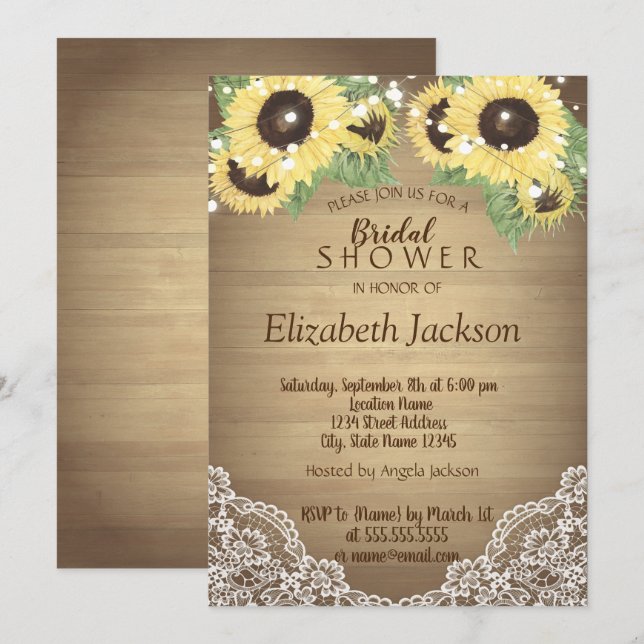 Sunflower, Lace,Wood,String Lights Bridal Shower Invitation (Front/Back)
