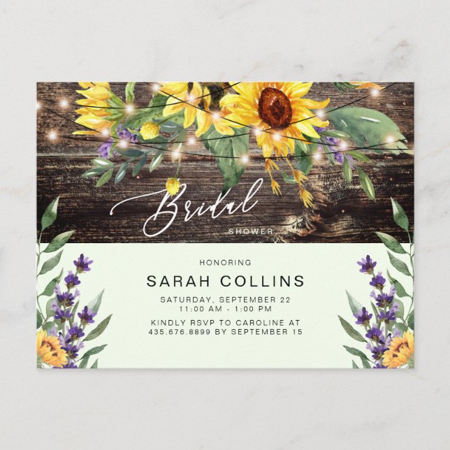Sunflower & Lavender Bridal Rustic Mint Invitation Postcard (Front)