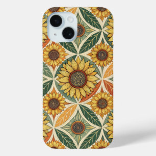 Sunflower & Leaf Pattern Nature-Inspired Quilted iPhone 15 Case