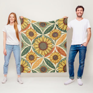 Sunflower & Leaf Pattern Nature-Inspired Quilted Fleece Blanket