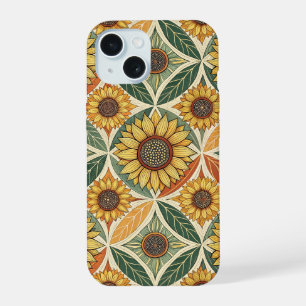 Sunflower & Leaf Pattern Nature-Inspired Quilted iPhone 15 Case