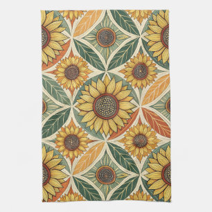 Sunflower & Leaf Pattern Nature-Inspired Quilted Kitchen Towel
