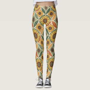 Sunflower & Leaf Pattern Nature-Inspired Quilted Leggings