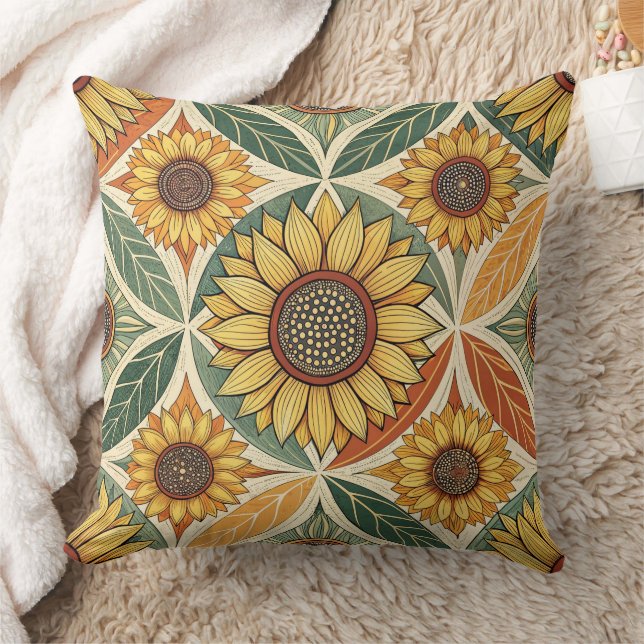 Sunflower & Leaf Pattern | Nature-Inspired Quilted Throw Pillow (Blanket)