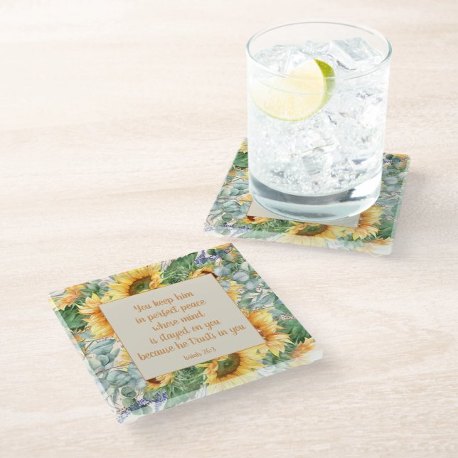 Sunflower Leaves Bible Verse Keep Perfect Peace    Glass Coaster (Angled)