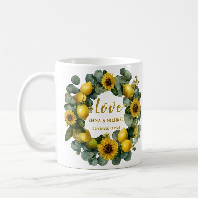 Sunflower Lemon Wreath Love Design Coffee Mug (Left)
