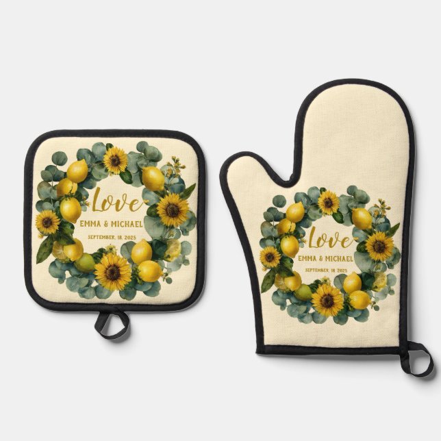 Sunflower Lemon Wreath Love Design Oven Mitt & Pot Holder Set (Front)