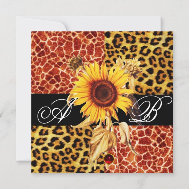 SUNFLOWER,LEOPARD AND GIRAFFE FUR,RUBY MONOGRAM INVITATION (Front)
