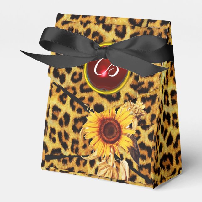 SUNFLOWER , LEOPARD FUR BOW SUMMER PARTY MONOGRAM FAVOR BOX (Front Side)