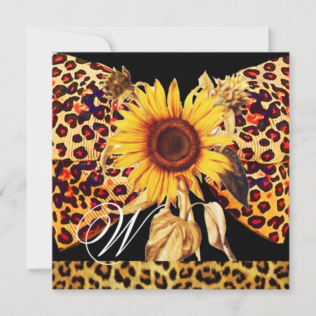 SUNFLOWER , LEOPARD FUR BOW SUMMER PARTY MONOGRAM INVITATION (Front)